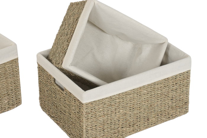 DKD Home Decor Set de 3 Cestas de Seagrass y Algodón Natural y Blanco