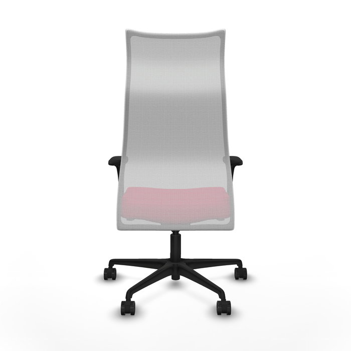 Sillón Albacete con mecanismo Sincro tapizada con Tela color Rojo y malla color Blanco. Equipado con Base nailon negra, Brazos 1D y Ruedas 65mm nailon