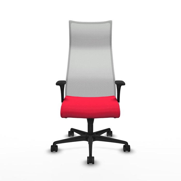 Sillón Albacete con mecanismo Sincro tapizada con Tela color Rojo y malla color Blanco. Equipado con Base nailon negra, Brazos 1D y Ruedas 65mm nailon