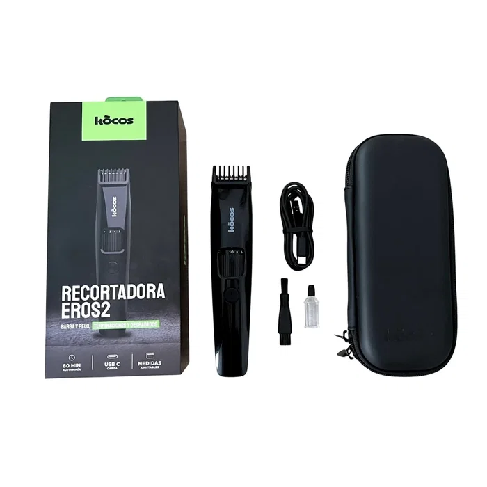 Kocos Recortadora de Barba y Pelo EROS 2 con 20 Ajustes de Longitud (0.5-10mm), Carga USB-C, Pantalla Digital, 80 Min Autonomía e Incluye Estuche de Viaje