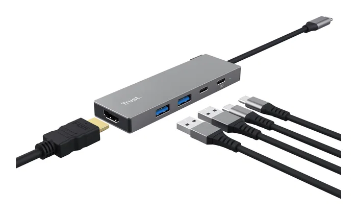 Trust 26062 Hub USB-C de 5 Puertos con HDMI, 2xUSB 3.2 Type-A y 2xUSB-C, Color Gris