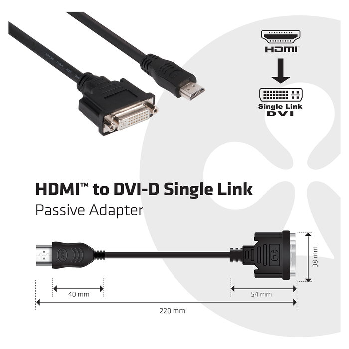 Club 3D Adaptador HDMI a DVI Macho Hembra Pasivo 1920x1200 60Hz Plug and Play Cable 0.40m Negro - Retail