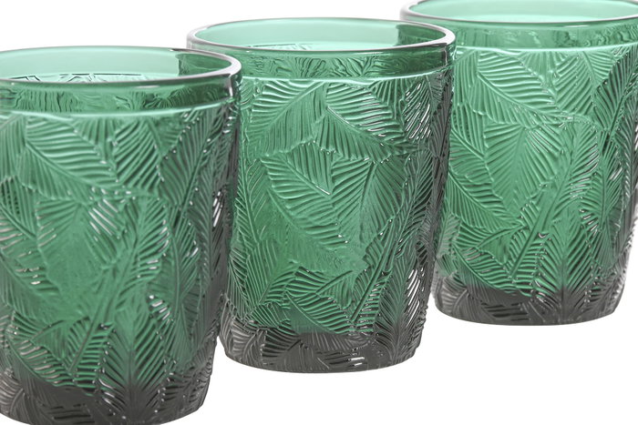 DKD Home Decor Set de 6 Vasos de Cristal Verde con Relieve de Hojas, 300ml DKD Home Decor Set de 6 Vasos de Cristal Verde con Relieve de Hojas, 300ml