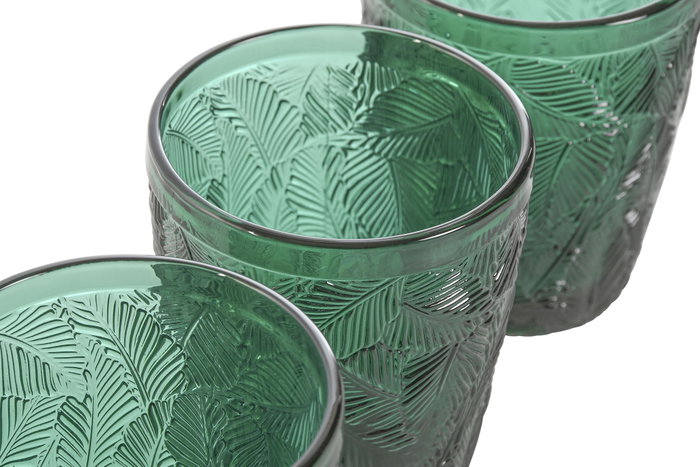 DKD Home Decor Set de 6 Vasos de Cristal Verde con Relieve de Hojas, 300ml DKD Home Decor Set de 6 Vasos de Cristal Verde con Relieve de Hojas, 300ml