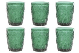 DKD Home Decor Set de 6 Vasos de Cristal Verde con Relieve de Hojas, 300ml