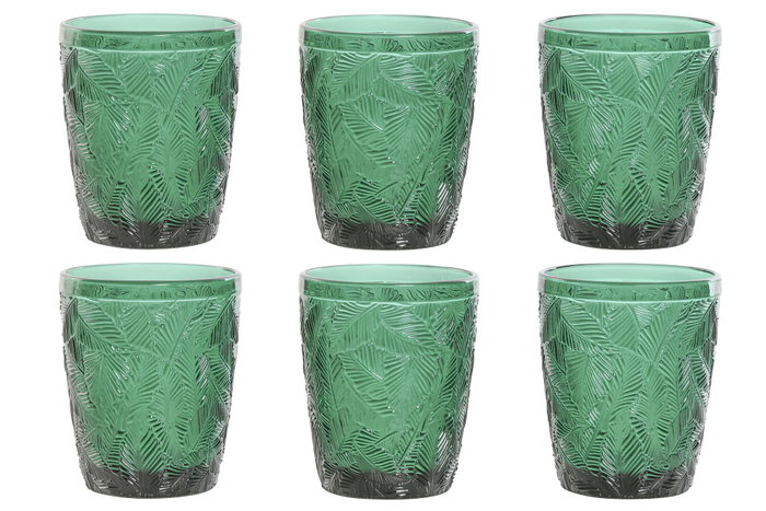 DKD Home Decor Set de 6 Vasos de Cristal Verde con Relieve de Hojas, 300ml DKD Home Decor Set de 6 Vasos de Cristal Verde con Relieve de Hojas, 300ml