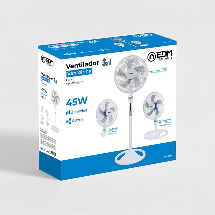 Edm - Ventilador 3 en 1 de Pie, Pared y Sobremesa, Ø40 cm, 45 W, 3 Velocidades, 3000 m³/h, Oscilante, Altura Ajustable 107-133 cm, Color Blanco