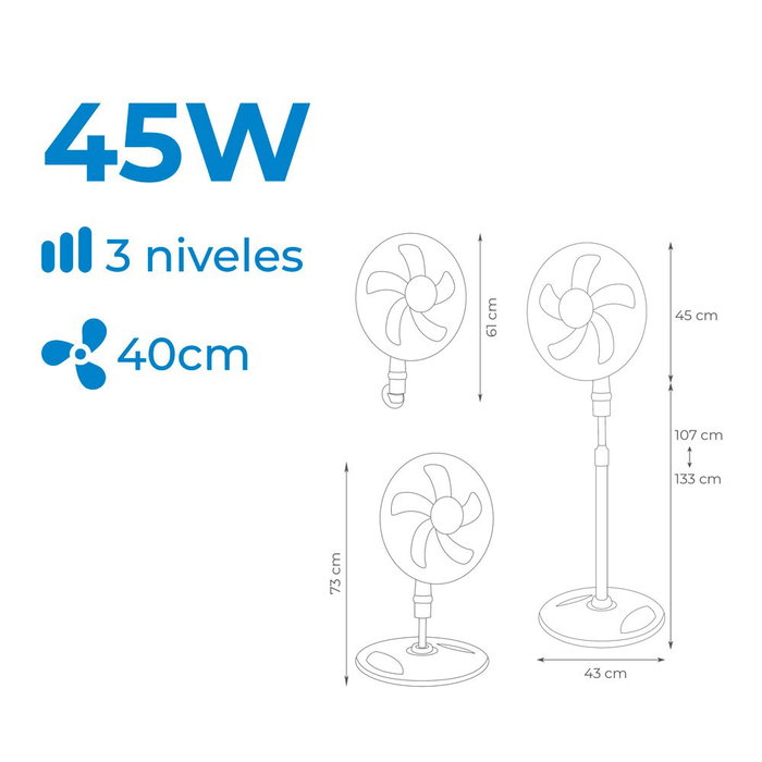 Edm - Ventilador 3 en 1 de Pie, Pared y Sobremesa, Ø40 cm, 45 W, 3 Velocidades, 3000 m³/h, Oscilante, Altura Ajustable 107-133 cm, Color Blanco