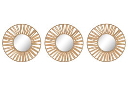 DKD Home Decor Set de 3 Espejos de Rafia y Cristal Natural 20x20 cm