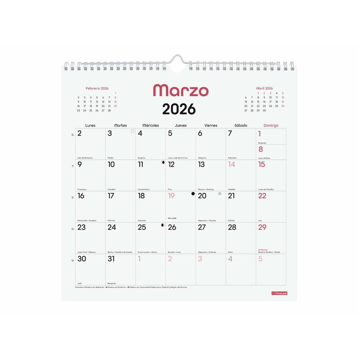 Finocam Calendario de Pared Chic 2026 Blanco 30x30 cm
