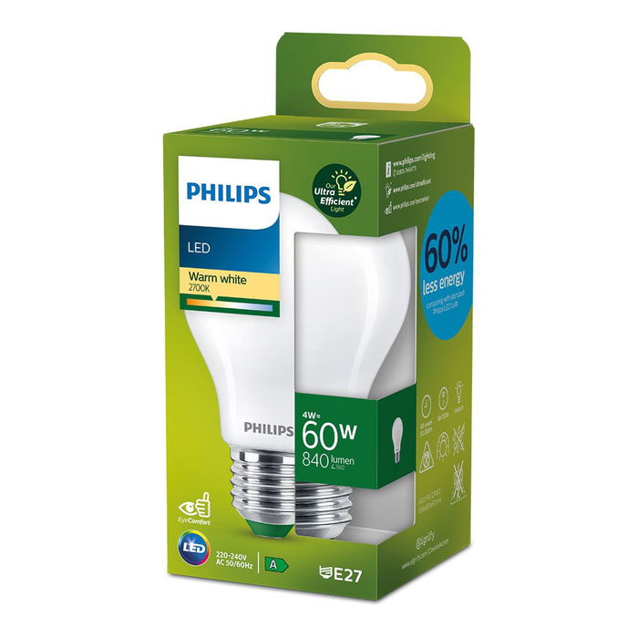 Philips Bombilla LED Classic A60 E27 4W 840lm 2700K Luz Cálida Mate 60W Equivalencia 50000h Vida útil Ultra Efficient