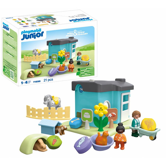 PLAYMOBIL Casa de Animales Junior 71690 - Set de Juguete con Animales y Dispensador de Comida para Niños +12 Meses