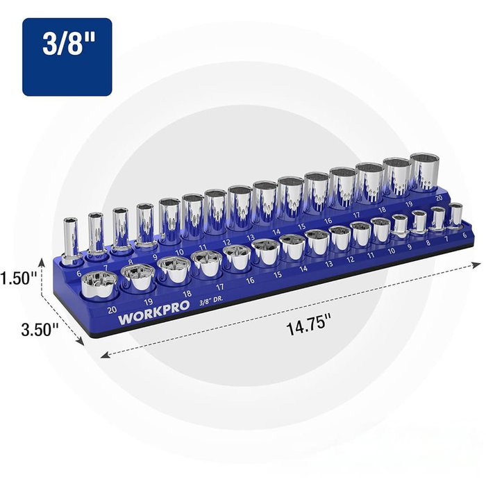 Workpro Organizador magnético vacío para vasos de 3/8 pulgadas estándar (6-20 mm) 373 x 88 x排列38 mm Workpro Organizador magnético vacío para vasos de 3/8 pulgadas estándar (6-20 mm) 373 x 88 x排列38 mm