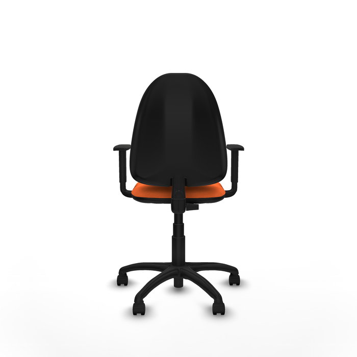Silla de oficina Aýna con mecanismo Contacto permanente básico tapizada con Tela color Naranja. Equipada con Base poliamida negra, Brazos 1D y Ruedas de nailon 50 mm
