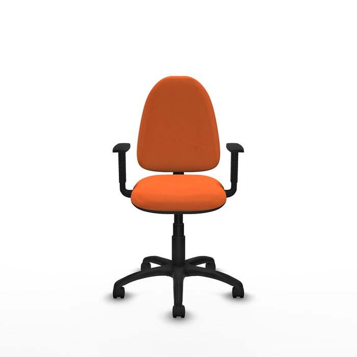 Silla de oficina Aýna con mecanismo Contacto permanente básico tapizada con Tela color Naranja. Equipada con Base poliamida negra, Brazos 1D y Ruedas de nailon 50 mm