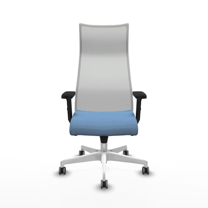 Sillón Albacete con mecanismo Sincro tapizada con Tela color Azul cielo y malla color Blanco. Equipado con Base poliamida blanca, Brazos 2D y Ruedas 65 mm parqué Sillón Albacete con mecanismo Sincro tapizada con Tela color Azul cielo y malla color Blanco. Equipado con Base poliamida blanca, Brazos 2D y Ruedas 65 mm parqué