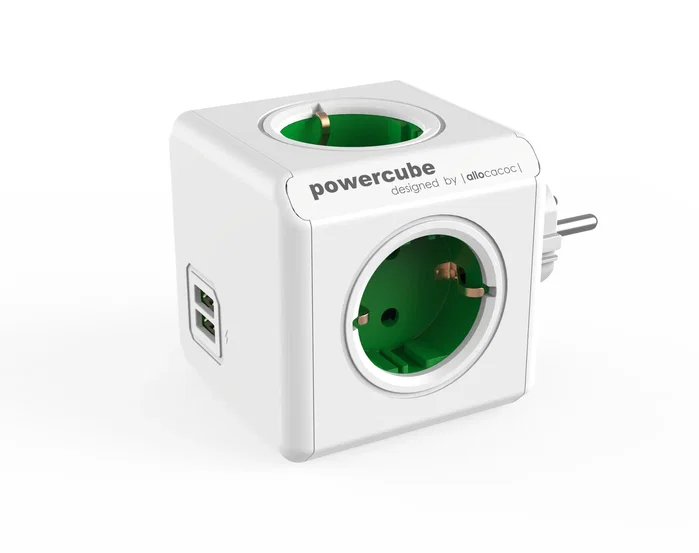 Allocacoc Powercube original, regleta enchufe múltiple con 4 tomas AC y 2 puertos USB de carga rápida, color verde