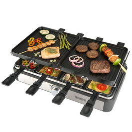 Bourgini Gourmette Raclette Grill Plus - Plancha de Asar 2 caras 1400W con 8 sartenes antiadherentes Daikin, incluye espátulas, para 8 personas