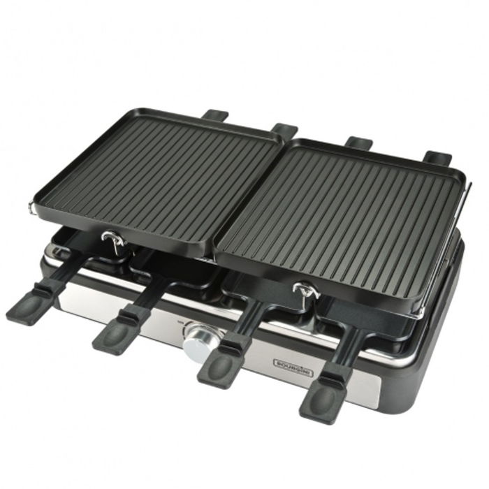 Bourgini Gourmette Raclette Grill Plus - Plancha de Asar 2 caras 1400W con 8 sartenes antiadherentes Daikin, incluye espátulas, para 8 personas