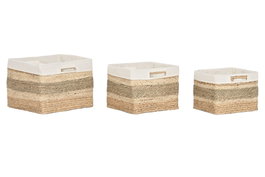 DKD Home Decor Set de 3 Cestas de Seagrass y Tela Natural