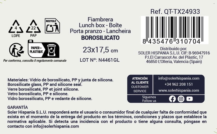 Inde Fiambrera Rectangular Hermética Textury 23 x 17.5 x 7.6 cm 1.5L (6 Unidades)