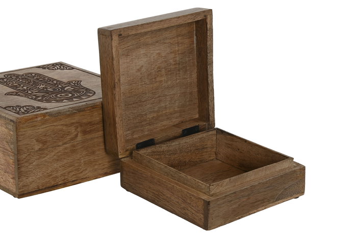 DKD Home Decor Joyero Indio Hamsa 24 Natural Grabado Mango Set de 2 Piezas 18 x 9 x 18 cm