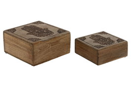 DKD Home Decor Joyero Indio Hamsa 24 Natural Grabado Mango Set de 2 Piezas 18 x 9 x 18 cm