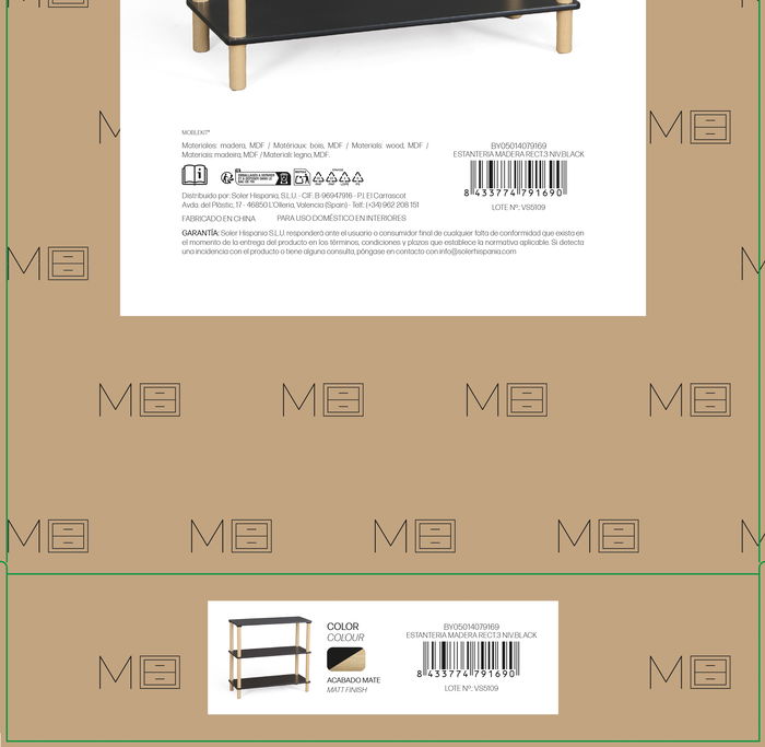 Inde Estantería Madera Rectangular 3 Niveles Negra 9.56 kg