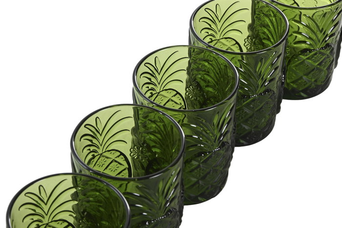 DKD Home Decor Set de 6 Vasos de Cristal Verde con Diseño de Piñas, 300ml
