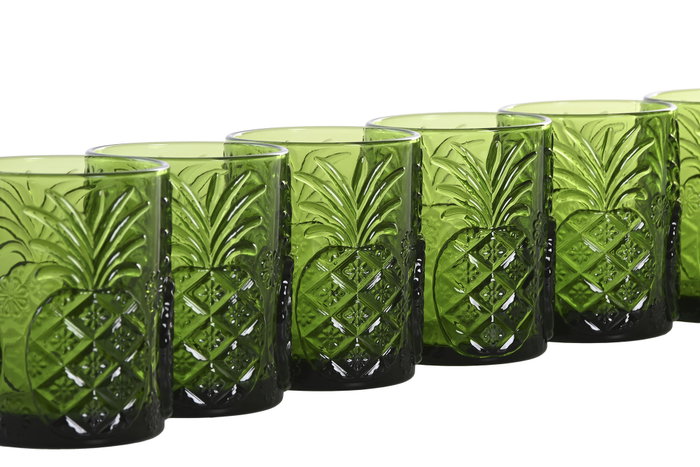 DKD Home Decor Set de 6 Vasos de Cristal Verde con Diseño de Piñas, 300ml