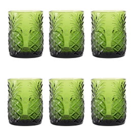 DKD Home Decor Set de 6 Vasos de Cristal Verde con Diseño de Piñas, 300ml