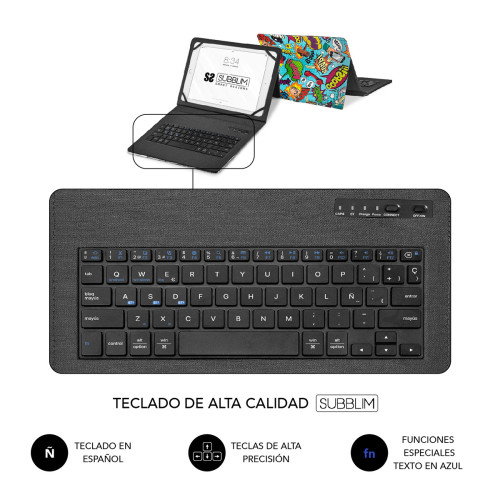 SUBBLIM Funda con Teclado Keytab Pro BT Trendy Comic para Tablets de 9-11 Pulgadas, Bluetooth 5.2, Español