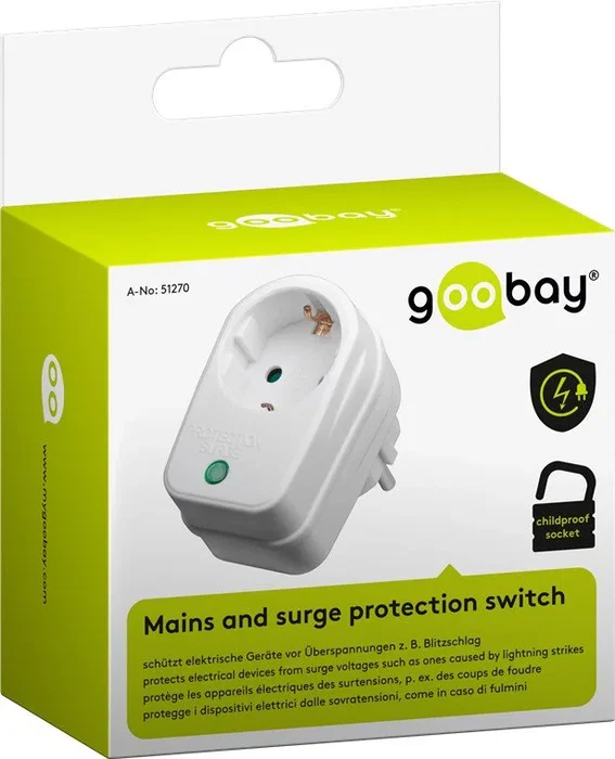 Goobay 51270 Enchufe Inteligente Blanco - Protector de Sobretensión 3500W con Interruptor y LED, Certificado CE/GS, 230V