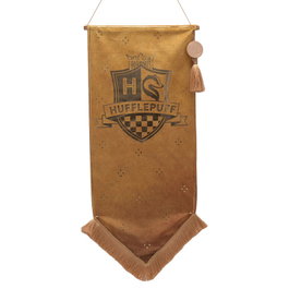 WIDDOP & CO Banderín Hufflepuff Harry Potter - Banderín colgante de tela amarilla con bordes dorados, logotipo Hufflepuff y sello de Hogwarts, incluye colgador