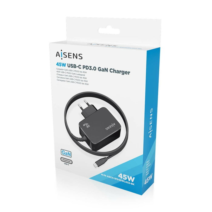 Aisens Cargador GaN 45W USB-C PD3.0 con Cable de 1,8m Negro