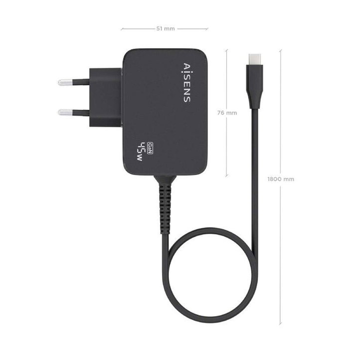 Aisens Cargador GaN 45W USB-C PD3.0 con Cable de 1,8m Negro