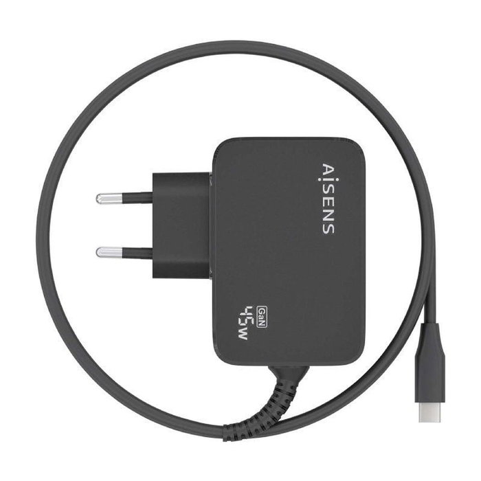 Aisens Cargador GaN 45W USB-C PD3.0 con Cable de 1,8m Negro