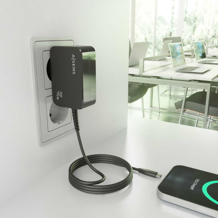Aisens Cargador GaN 45W USB-C PD3.0 con Cable de 1,8m Negro