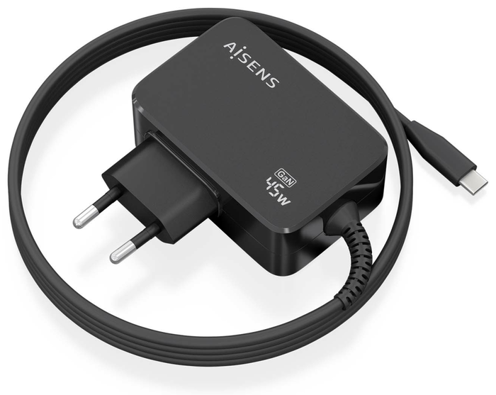 Aisens Cargador GaN 45W USB-C PD3.0 con Cable de 1,8m Negro