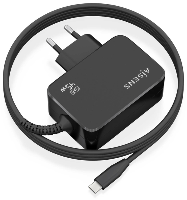Aisens Cargador GaN 45W USB-C PD3.0 con Cable de 1,8m Negro