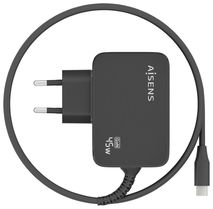 Aisens Cargador GaN 45W USB-C PD3.0 con Cable de 1,8m Negro