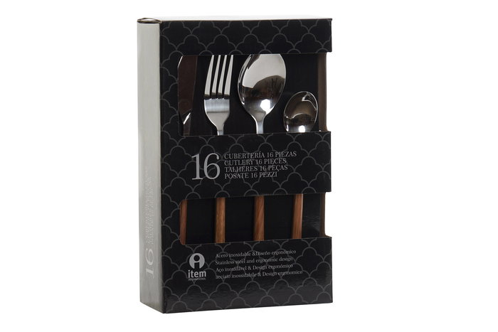DKD Home Decor Cubertería Basicos Plateado Marron Inox Set de 16 Piezas 22 x 2 cm