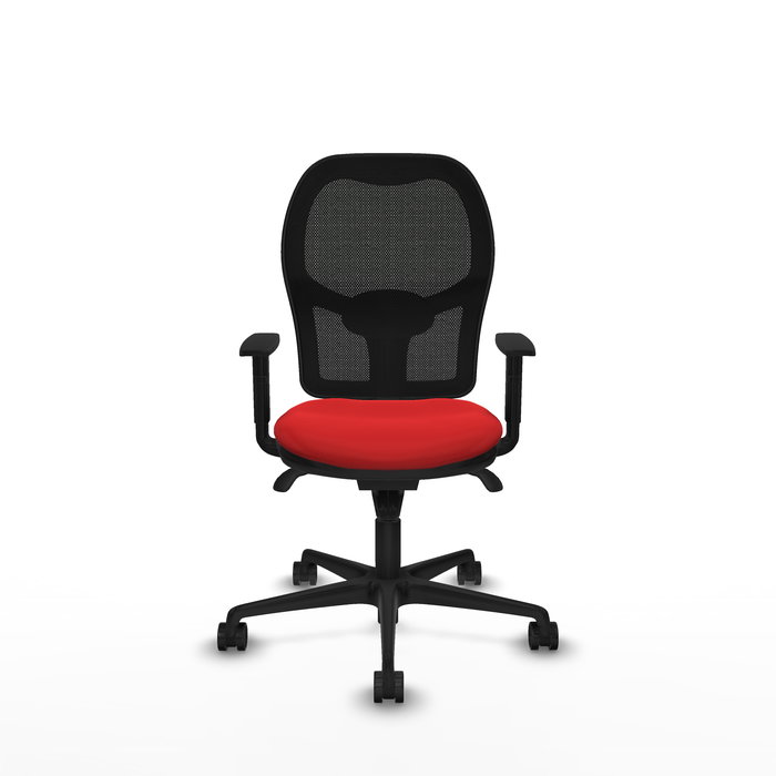 Silla de oficina Jorquera con mecanismo Sincro tapizada con Similpiel color Rojo y malla color Negro. Equipada con lumbar 1D, Brazos 1D y Ruedas 65mm nailon