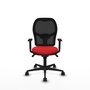 Silla de oficina Jorquera con mecanismo Sincro tapizada con Similpiel color Rojo y malla color Negro. Equipada con lumbar 1D, Brazos 1D y Ruedas 65mm nailon