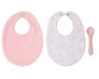 KioKids Set de 2 Baberos de Algodón y Cuchara de Silicona Alimentaria para Bebé, Rosa