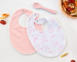 KioKids Set de 2 Baberos de Algodón y Cuchara de Silicona Alimentaria para Bebé, Rosa