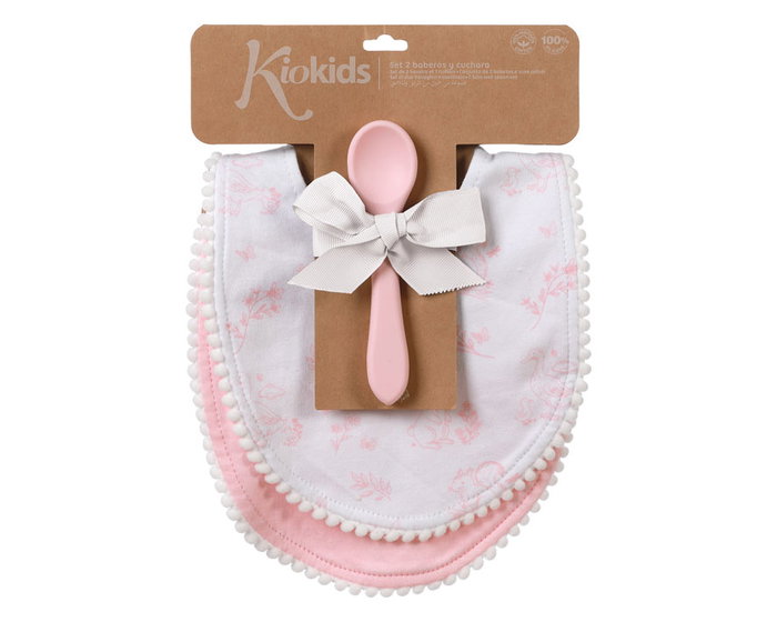 KioKids Set de 2 Baberos de Algodón y Cuchara de Silicona Alimentaria para Bebé, Rosa