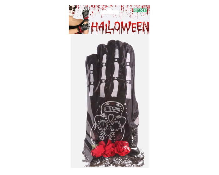 Guantes Cortos Negros Calavera y Rosas para Muerte Mexicana
