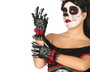 Guantes Cortos Negros Calavera y Rosas para Muerte Mexicana
