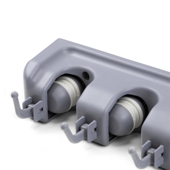 Emuca Colgador de escobas y fregonas, con 5 ganchos y 4 huecos, Plástico, Gris